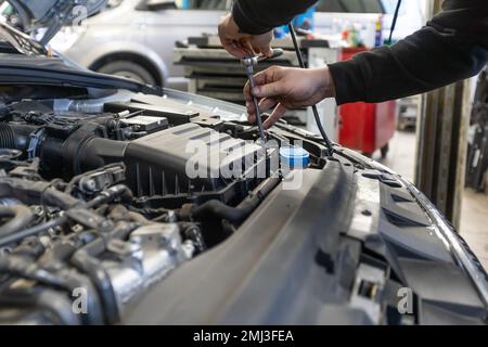 Professional car servis man changing the air filter by the car engine, car service concept Stock Photo