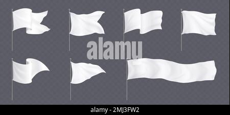 White flags and pennants on poles mockup. Blank fabric banners triangle, rectangle and corner shape on steel stand isolated on transparent background, vector realistic set Stock Vector