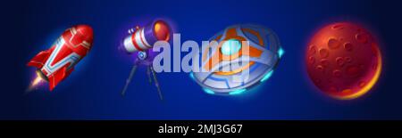 Space set with rocket, telescope, alien spaceship and planet. Concept of astronomy, cosmic technology, galaxy exploration with shuttle, ufo and Mars, Stock Vector