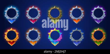 Game avatar frames with fantasy medieval borders with laurel, pennants and glow. Empty circle golden, metal, silver and gradient colored frames, vecto Stock Vector