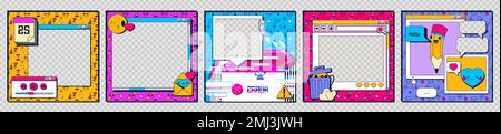 Set of retro 90s software frames isolated on transparent background. Vector illustration of old computer interface windows with emoji, heart, trash bi Stock Vector
