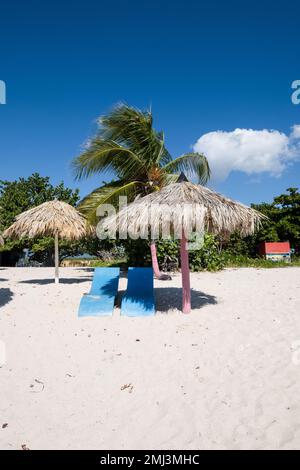 Plastic lounge chairs and palm leaf parasols on the beach at Playa Ancon near Trinidad, Cuba Stock Photo
