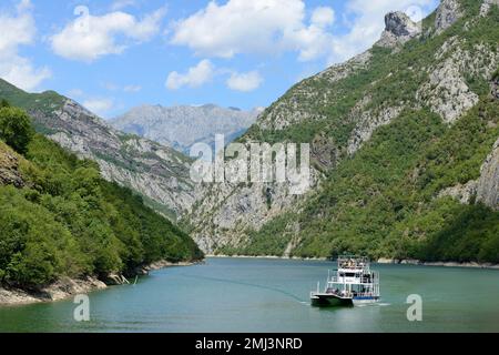 Car ferry on the dammed river Drin, Koman reservoir, Albania Stock Photo