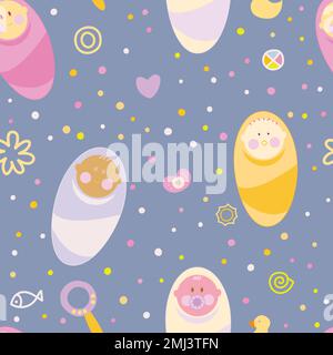 Colourful newborn seamless pattern on blue background. Stock Vector
