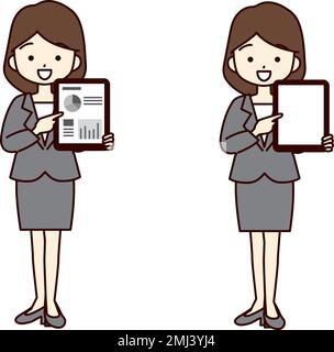 Young woman in a suit showing a tablet with a smile.There is copy space on the tablet screen. Stock Vector