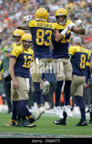 December 12, 2021: Green Bay Packers wide receiver Marquez Valdes-Scantling  #83 points to a first down during NFL football game between the Chicago  Bears and the Green Bay Packers at Lambeau Field