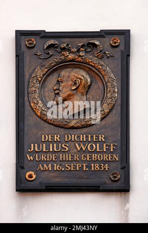Memorial plaque by the poet Julius Wolff, 1834-1910, at his birthplace, Quedlinburg, Saxony-Anhalt, Germany Stock Photo