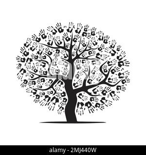 Abstract hand prints tree silhouettes black Stock Vector