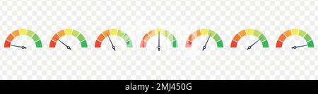 Set of speedometer, speed dial indicator. Green and red, low and high barometers,bad and good level or risk scale. Vector isolated illustration Stock Vector