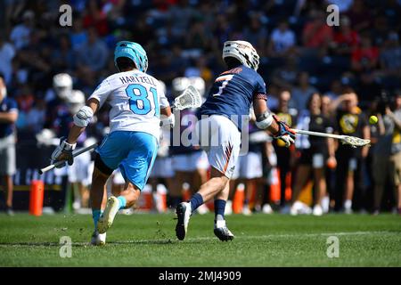 IMAGE DISTRIBUTED FOR PREMIER LACROSSE LEAGUE - Archers midfielder Austin  Sims (18) is defended by Atlas defender Kyle Hartzell (81)during a Premier  Lacrosse League game on Friday, June 28, 2019 in Atlanta. (