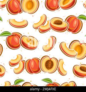 Vector Peach Seamless Pattern, square repeating background with illustrations of peach still life composition with green leaves for wrapping paper, gr Stock Vector