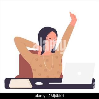 Woman doing stretch at office desk. Rest break, work fitness exercises vector illustration Stock Vector