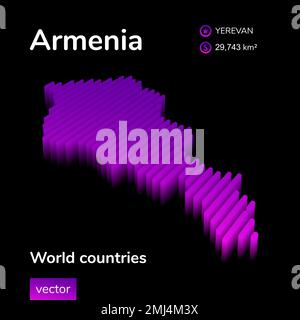 Armenia 3D map. Stylized neon digital isometric striped vector Map of Armenia is in violet and pink colors on black background Stock Vector