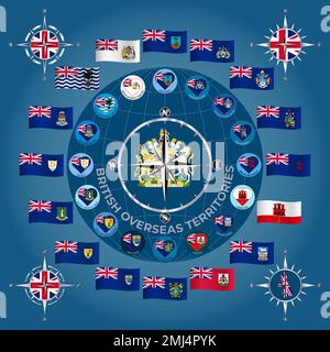 A set of British Overseas Territories flags in the form of a circular image. Illustration. Stock Photo