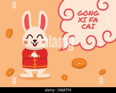 Flat Illustration of Cute Chinese Rabbit with Bubble Text Gong Xi Fa Cai. Vector Illustration. Stock Vector