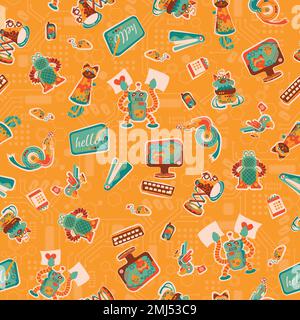 Cute and Colorful Office Robots in green, orange, yellow and reddish colors on a technical yellow background Stock Vector