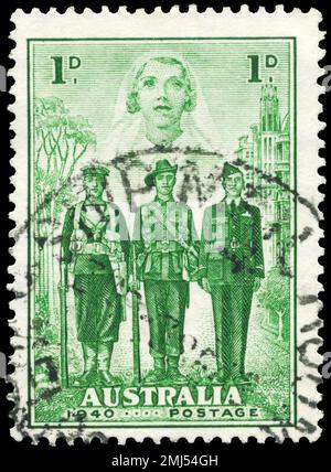 AUSTRALIA - CIRCA 1940: A Stamp printed in AUSTRALIA shows the Nurse, Sailor, Soldier and Aviator, Australia’s participation in WWII, series, circa 19 Stock Photo