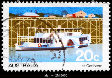 AUSTRALIA - CIRCA 1979: A Stamp printed in AUSTRALIA shows the Passenger Steamer Canberra, Ferries and Murray River Steamers series, circa 1979 Stock Photo