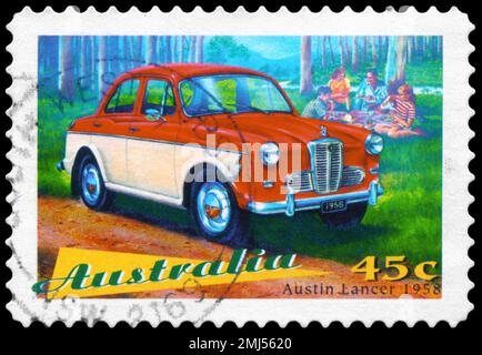 AUSTRALIA - CIRCA 1997: A Stamp printed in AUSTRALIA shows the Austin Lancer, 1958, Classic cars series, circa 1997 Stock Photo