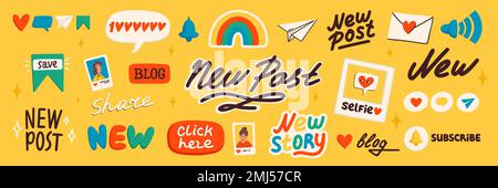 Blog content icons. Blogging or vlogging cartoon icons for social midea vector flat illustration. Stock Vector