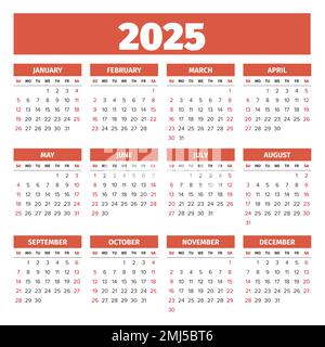 2025 Simple vector calendar. Weeks start on Sunday Stock Vector