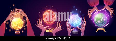 Cartoon set of witch hands with magic ball on dark background. Vector illustration of creepy female fingers with long nails holding fortune telling spheres glowing and sparkling. Witchcraft ritual Stock Vector