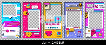 Social media stories template with retro 90s PC interface with windows frames, error message, cursor, buttons and folders, vector cartoon set isolated on transparent background Stock Vector