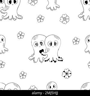 Seamless underwater pattern with cute octopuses Vector cartoon ...