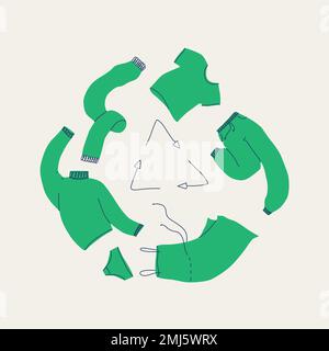 Recycling of clothes, textiles. Various wear - men's and women's are circling around the recycling icon. Vector illustration of the concept of Stock Vector