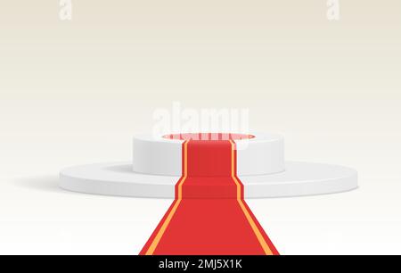 Round winner podium with red carpet and lights effect abstract realistic vector background 3D Stock Vector
