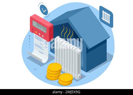 Isometric invoice, payment for heat energy. Utility bills and saving resources concept. Utility bills payment. Heat energy consumption expenses Stock Vector