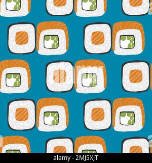 Seamless pattern with Sushi roll illustration on blue background Stock Vector