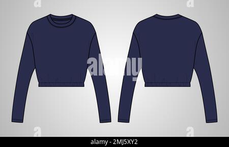 Long sleeve under bust tops crew neckline technical fashion Sketch vector Template For ladies. Flat blouse Mock up front and back Views. Stock Vector