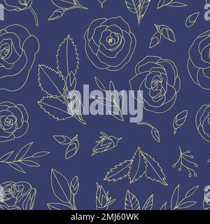 Colored seamless pattern with roses. Engraving style floral blue background with yellow roses. Hand drawn illustration Stock Vector