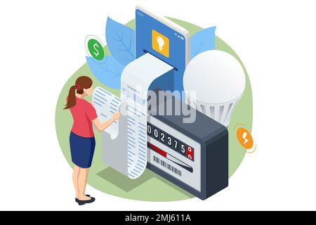 Isometric invoice, payment for electricity. Utility bills and saving resources concept. Utility bills payment. People paying utility, and electricity Stock Vector