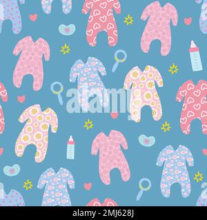 Colourful baby rompers on blue background. Seamless pattern. Stock Vector