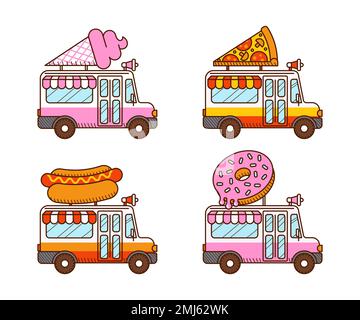 Pizza, Ice cream van, Hot dog, Donut food truck Stock Vector