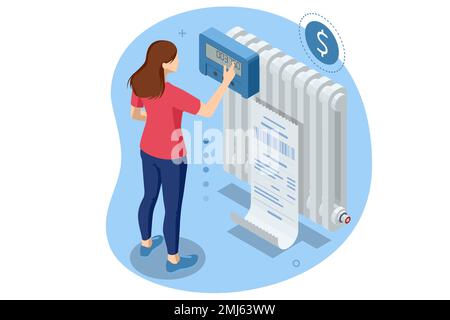 Isometric invoice, payment for heat energy. Utility bills and saving resources concept. Utility bills payment. Heat energy consumption expenses Stock Vector