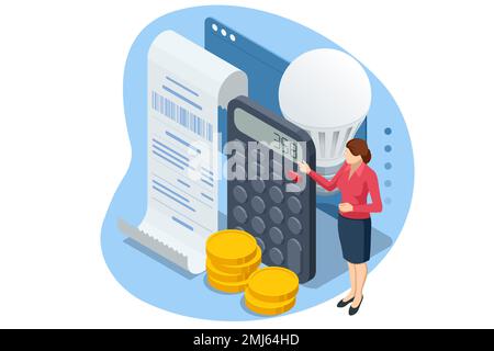 Isometric invoice, payment for electricity. Utility bills and saving resources concept. Utility bills payment. People paying utility, and electricity Stock Vector