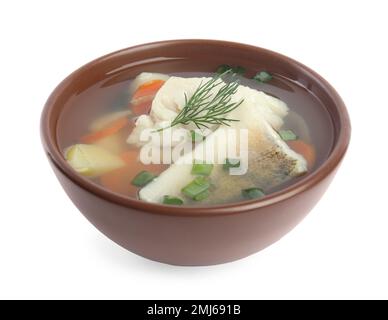 Delicious fish soup in bowl isolated on white Stock Photo
