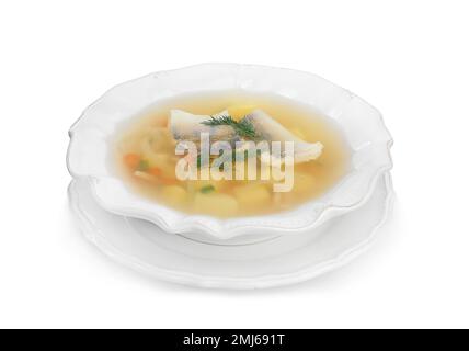 Delicious fish soup in bowl isolated on white Stock Photo
