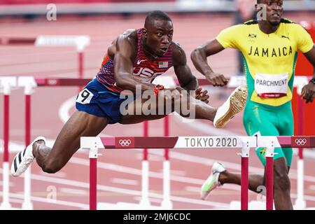 Grant Holloway (USA) competing in the Men's 110 metres hurdles at the 2020 (2021) Olympic Summer Games, Tokyo, Japan Stock Photo
