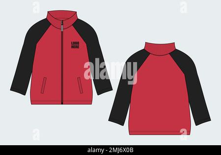 Long sleeve jacket technical fashion flat sketch vector illustration template front, back views. Warm up Apparel sweat jacket mock up. Stock Vector