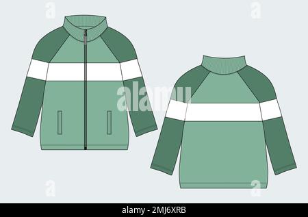 Long sleeve jacket technical fashion flat sketch vector illustration template front, back views. Warm up Apparel sweat jacket mock up. Stock Vector