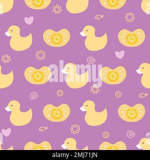 Newborn items seamless pattern. Yellow duck and baby pacifier on purple background. Stock Vector