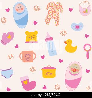 Colourful baby items seamless pattern on beige background. Stock Vector