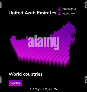 United Arab Emirates 3D map. Stylized isometric digital neon striped vector Map of United Arab Emirates is in violet and pink colors on black backgrou Stock Vector