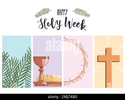 Holy Week banner with palm branches, the last supper, crown of thorns and the cross. Vector illustration Stock Vector