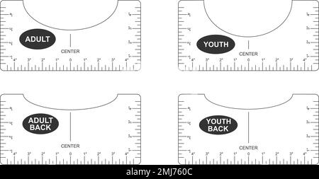Set of t shirt alignment guides. Adult and youth size front and back templates. Rulers for centering clothing design. Sewing measurement tool with markup and inches numbers for print and cut. Stock Vector