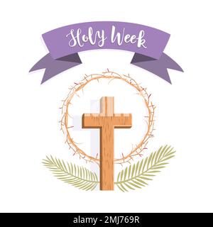Holy Week. The cross, crown of thorns and palm branches on a white background. Vector illustration Stock Vector